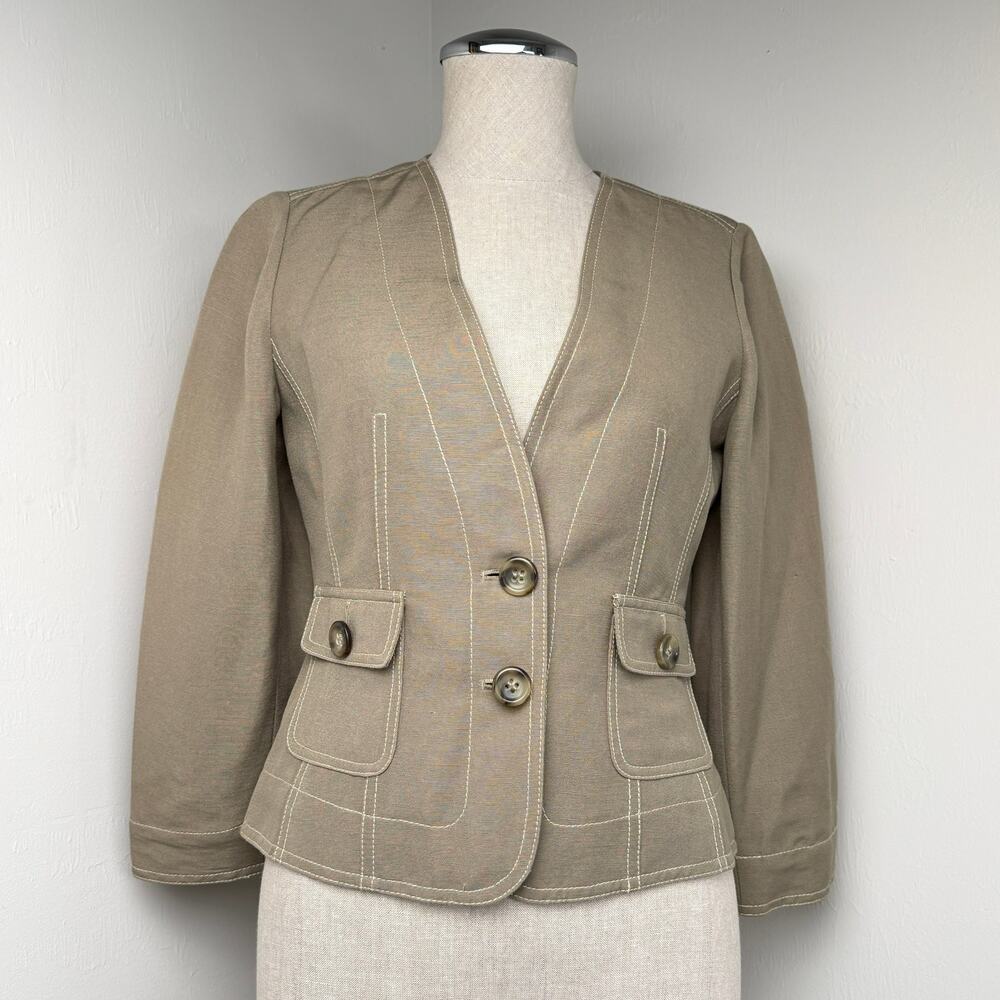 Kasper Linen Blend Blazer Jacket Petite 2P Taupe Cropped Summer Workwear